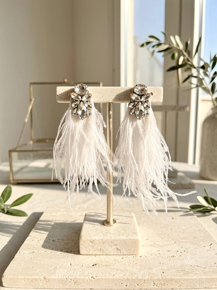Boucles d'oreilles cristaux et plumes blanches