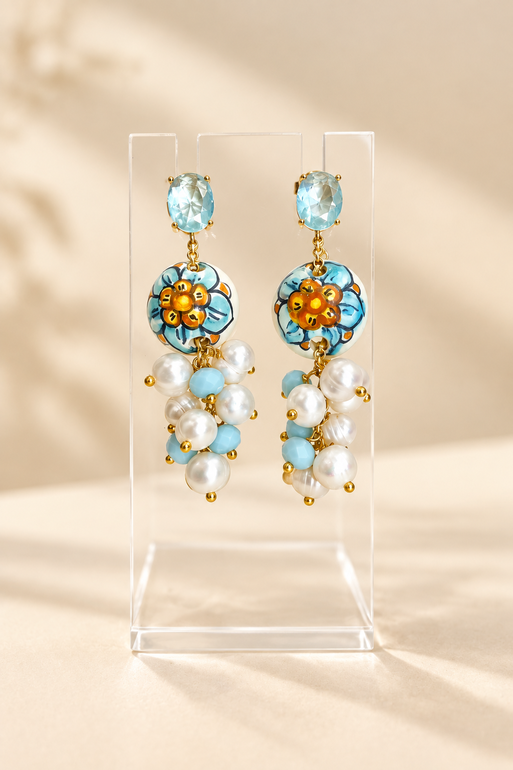 Boucles d'oreilles en céramique avec cristaux bleus et perles de rivière