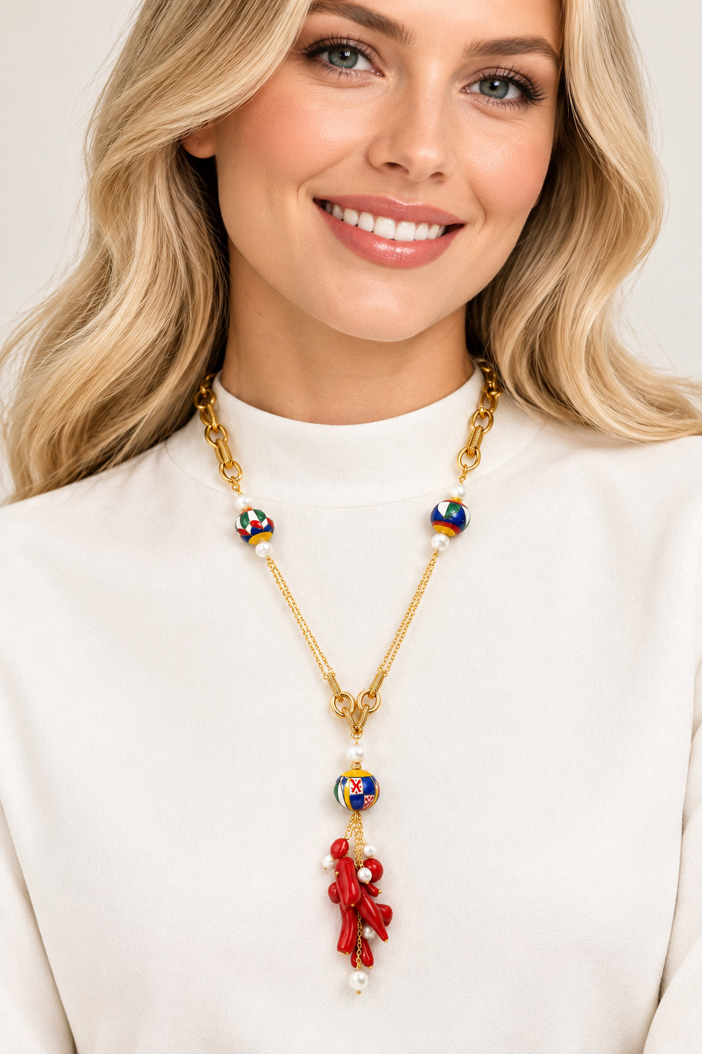 Collana Meraviglia in ceramica di Caltagirone, perle e corallo bambù