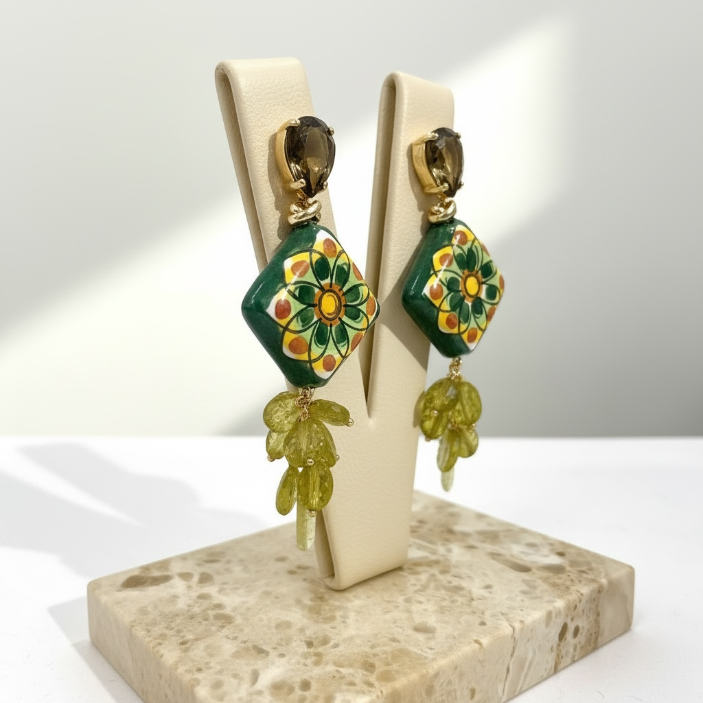 Orecchino ceramica rombo verde