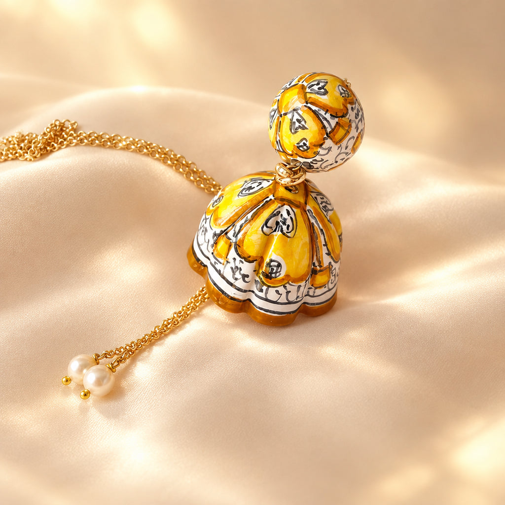 Caltagirone ceramic pendant: Ortigia in yellow—“I Fimmini”