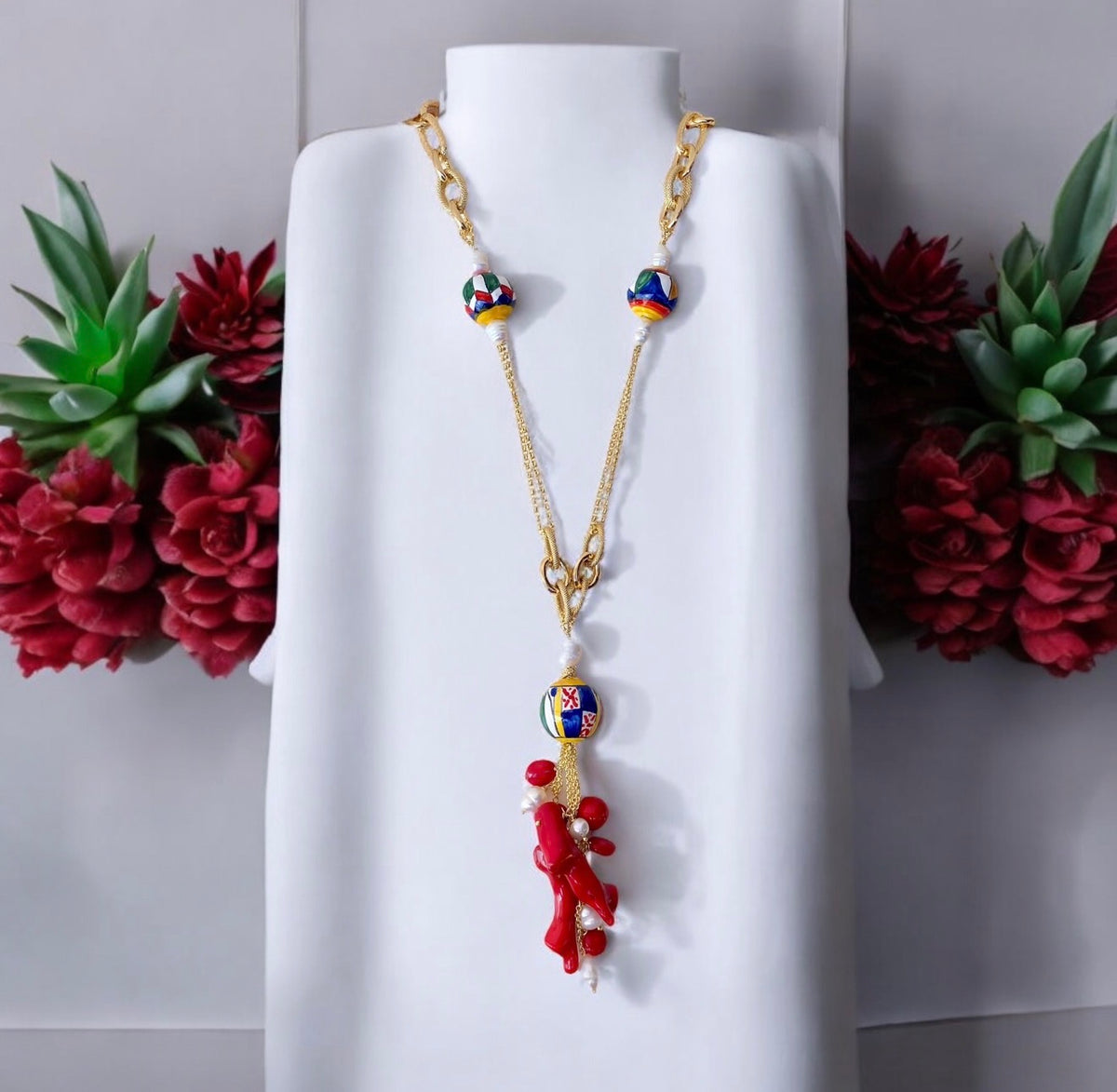 Collana Meraviglia in ceramica di Caltagirone, perle e corallo bambù