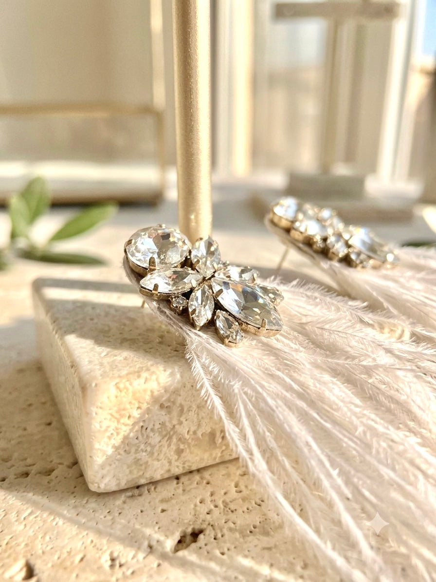 Boucles d'oreilles cristaux et plumes blanches