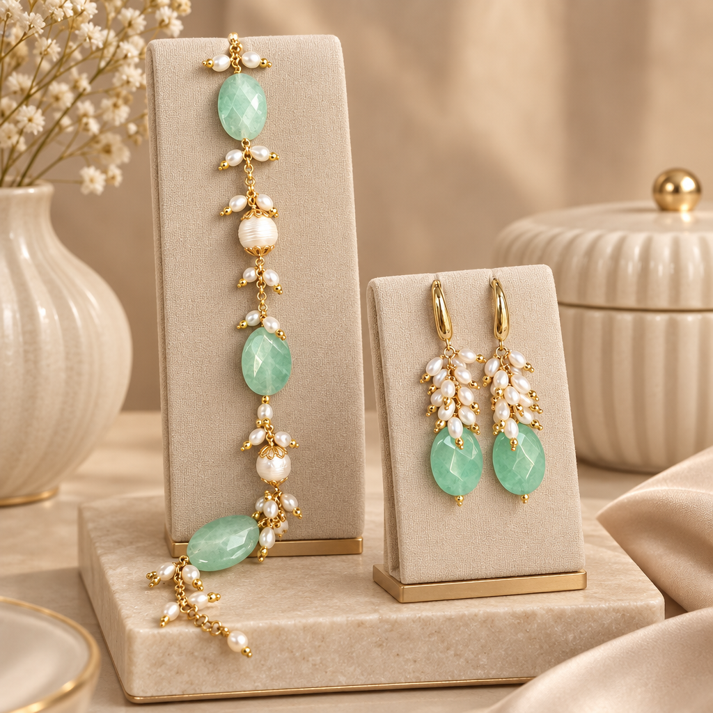 Set orecchini e bracciale con avventurina verde e perle di fiume
