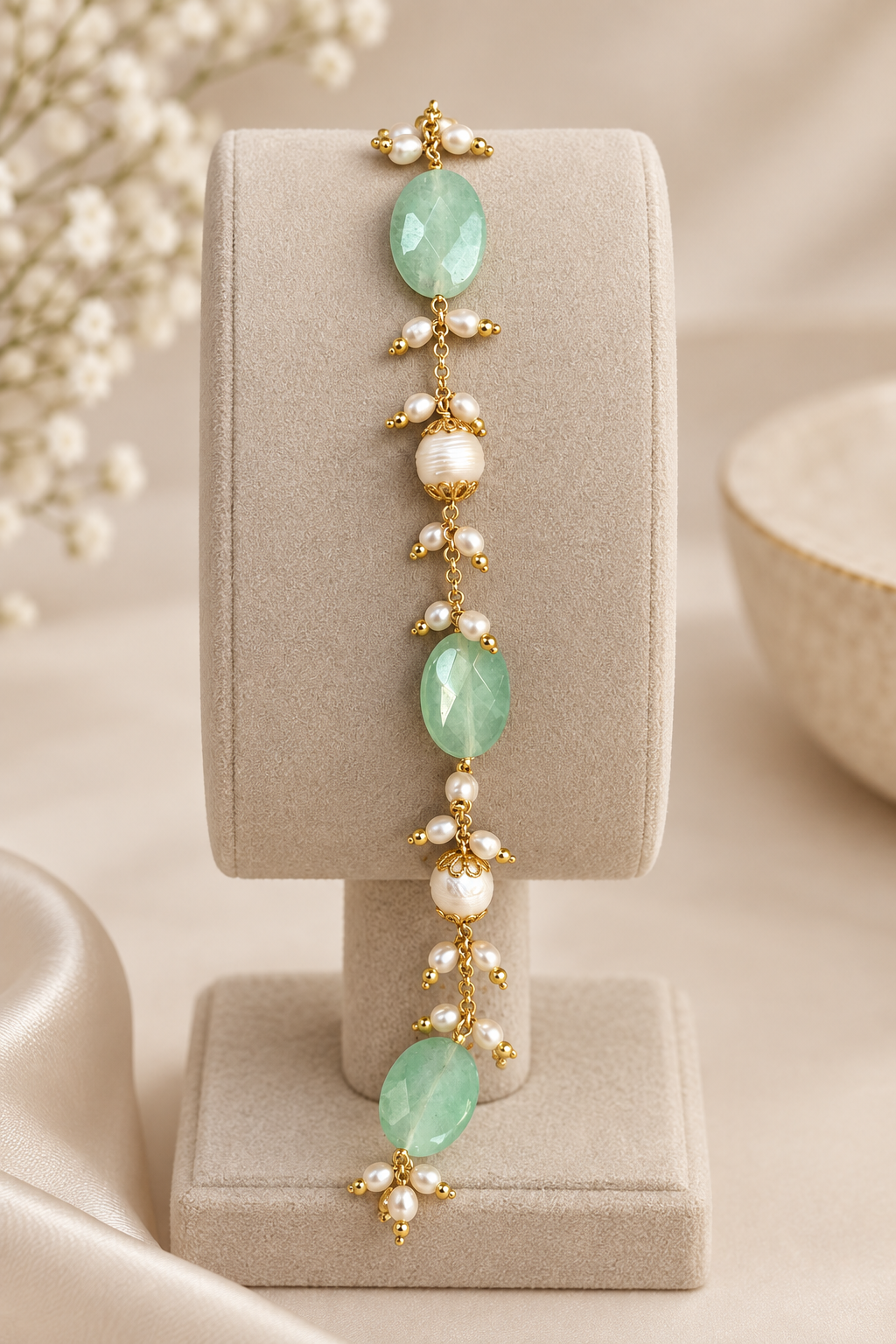Bracelet with green aventurine and river pearls