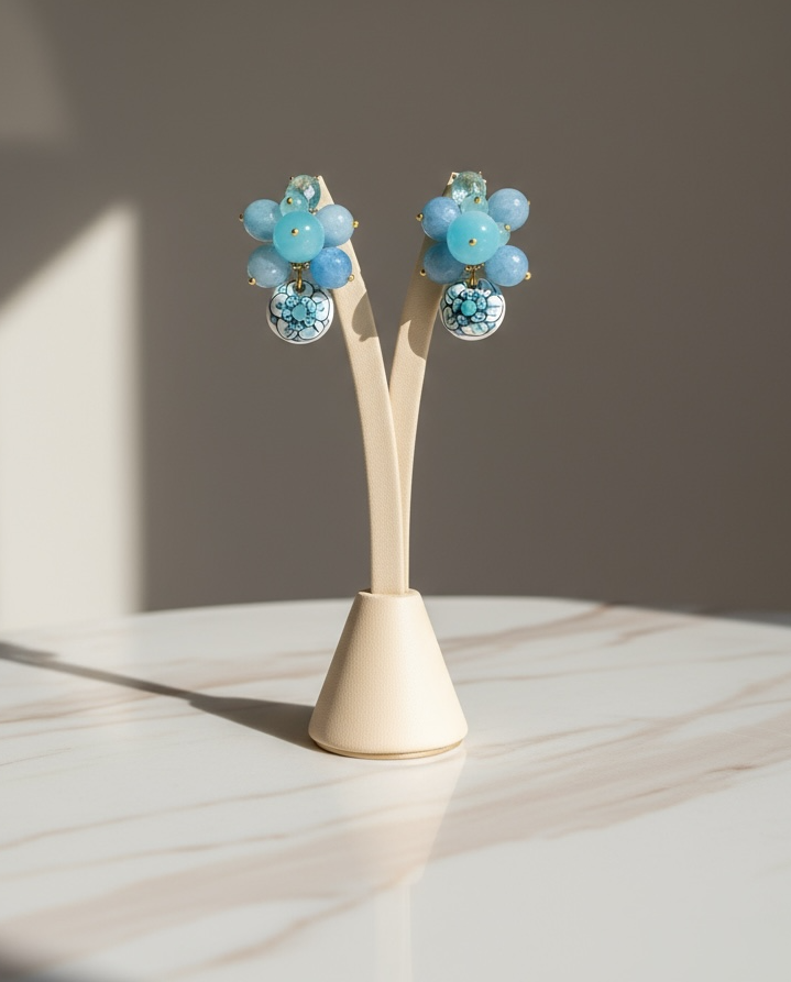 Boucles d'oreilles pendantes en céramique et pierres