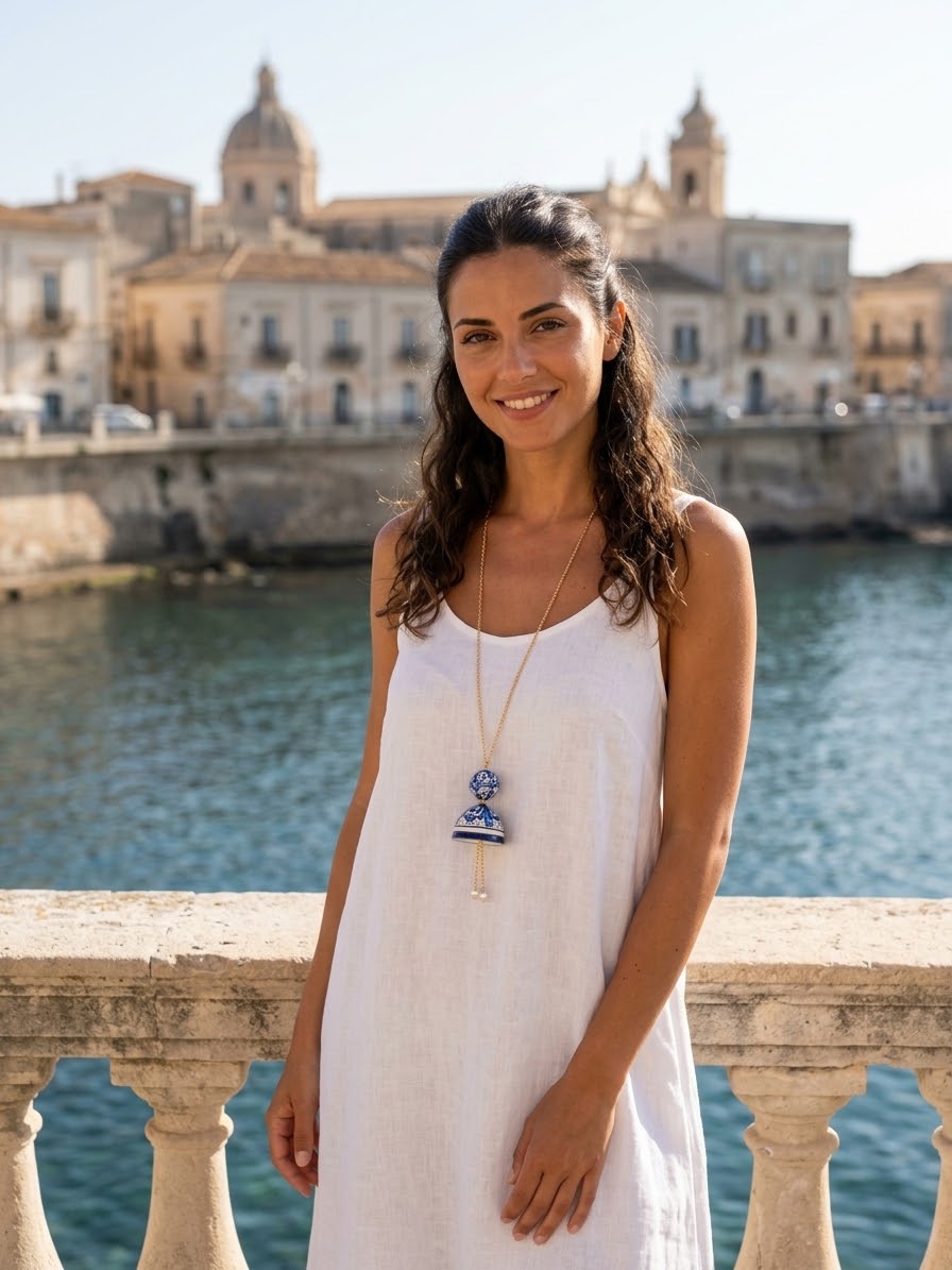 Caltagirone ceramic pendant: Ortigia in blue - “I Fimmini”