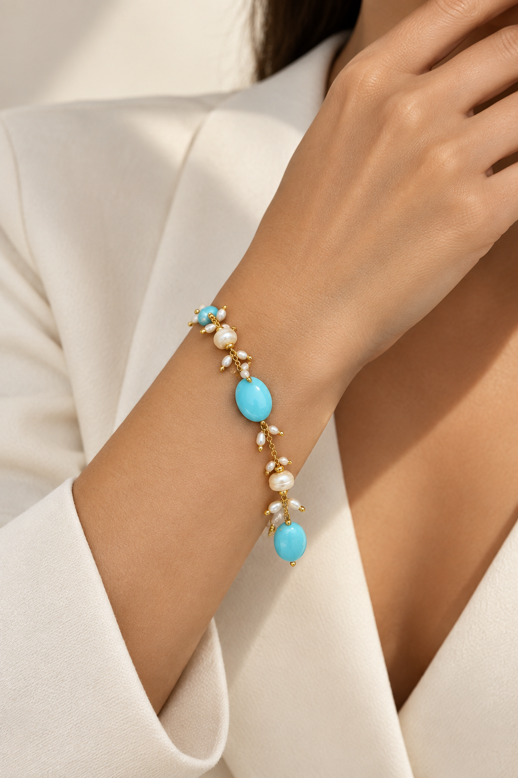 Set orecchini e bracciale con pasta di turchese e perle