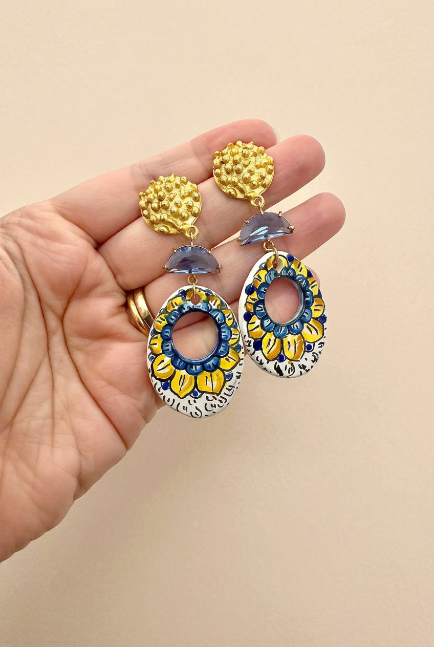 Orecchini sunflower in ceramica con cristalli