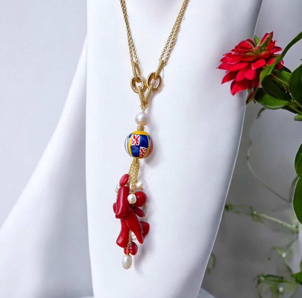 Collana Meraviglia in ceramica di Caltagirone, perle e corallo bambù