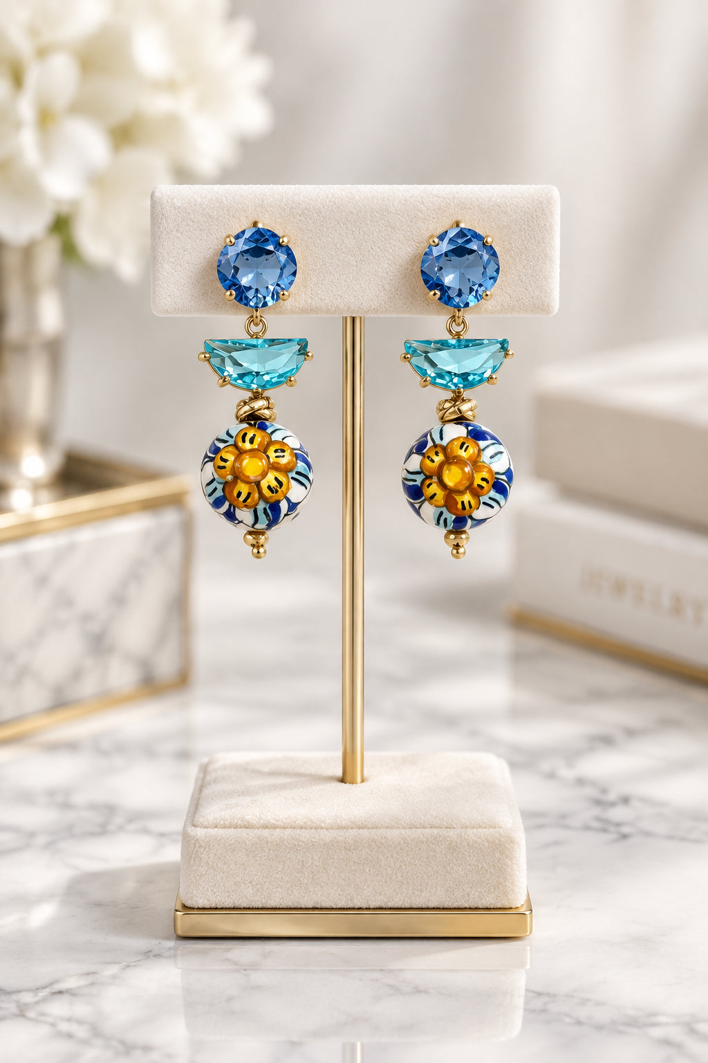Boucles d'oreilles en céramique de Caltagirone et cristaux bleus/azur