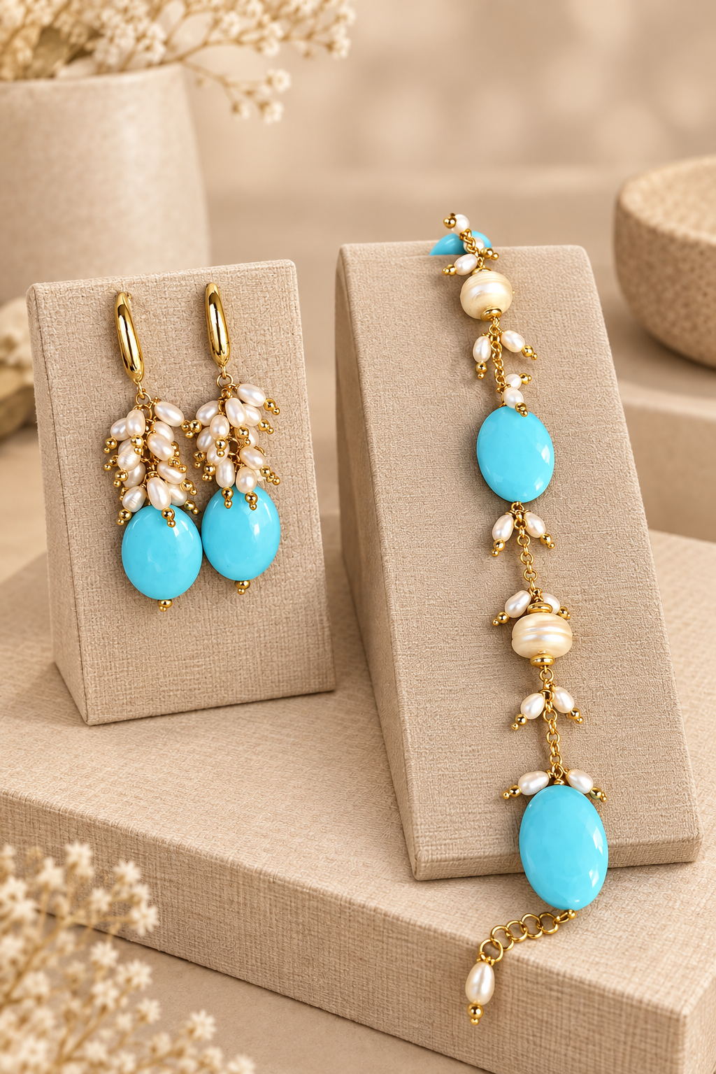 Set orecchini e bracciale con pasta di turchese e perle